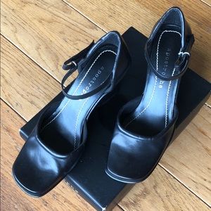 apostrophe wedge with ankle strap
